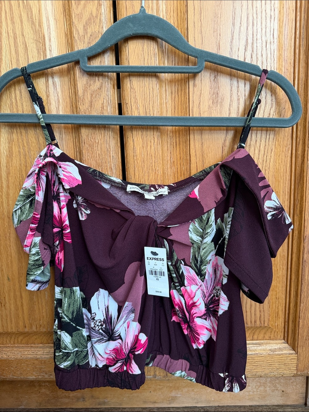 Express Burgundy Floral Off-Shoulder Crop Top with Pink and Green Blooms